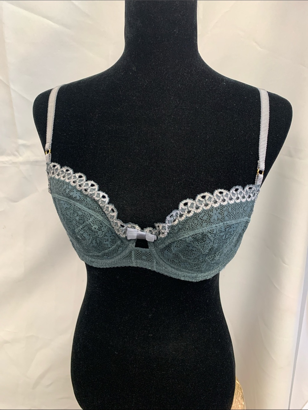 Lace Balconette Bra in Sage Green with White Trim